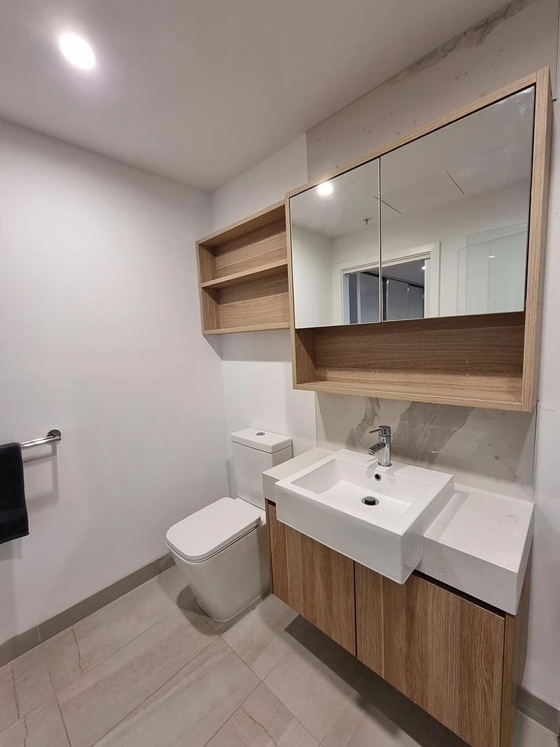 Modern bathroom with a sink, toilet, and a stylish cabinet