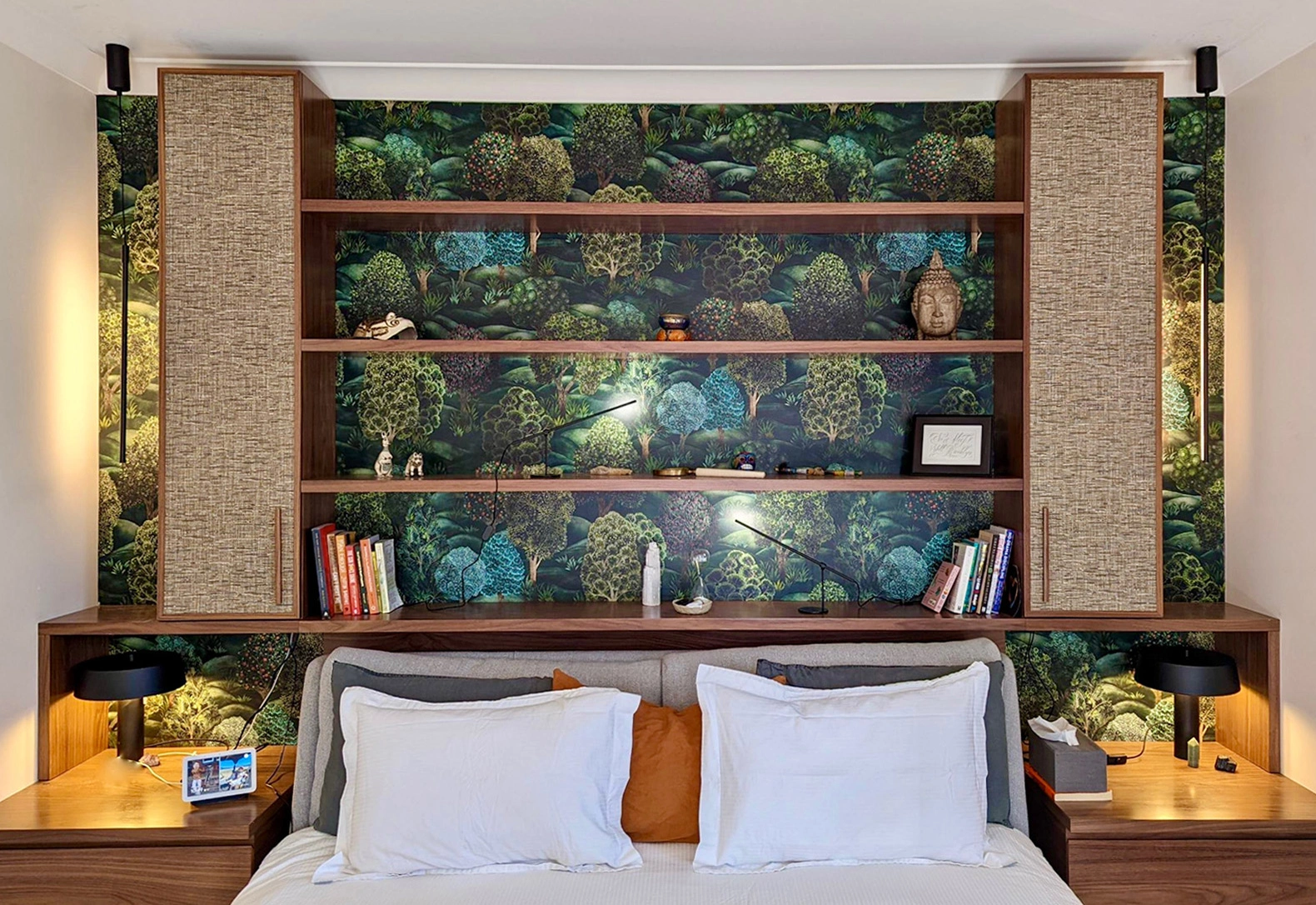 Stylish bedroom showcasing a stunning wall mural of trees