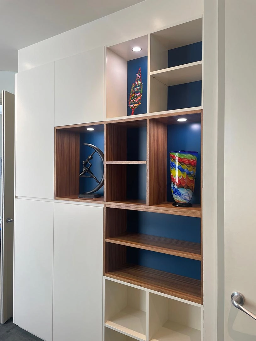 A room showcasing a blue wall and well-organized shelves filled with books