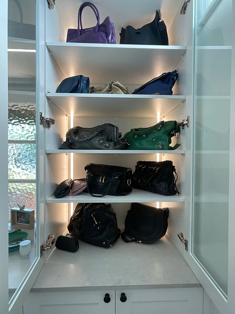 A well-organized closet filled with a variety of stylish purses and bags in different colors and designs